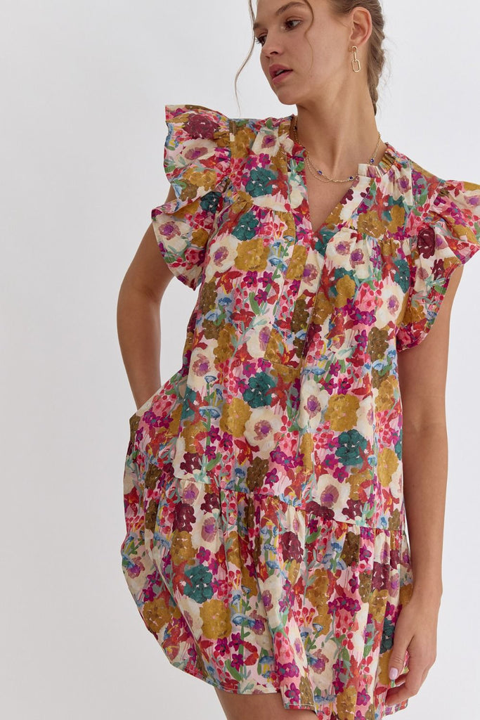 Adeline Floral Print V Neck Ruffle Detail Dress - Be You Boutique