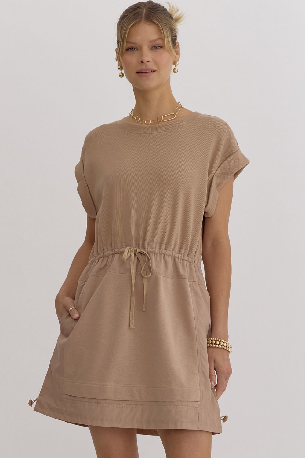 Audrey Round Neck Short Sleeve Dress (new color Tan) - Be You Boutique