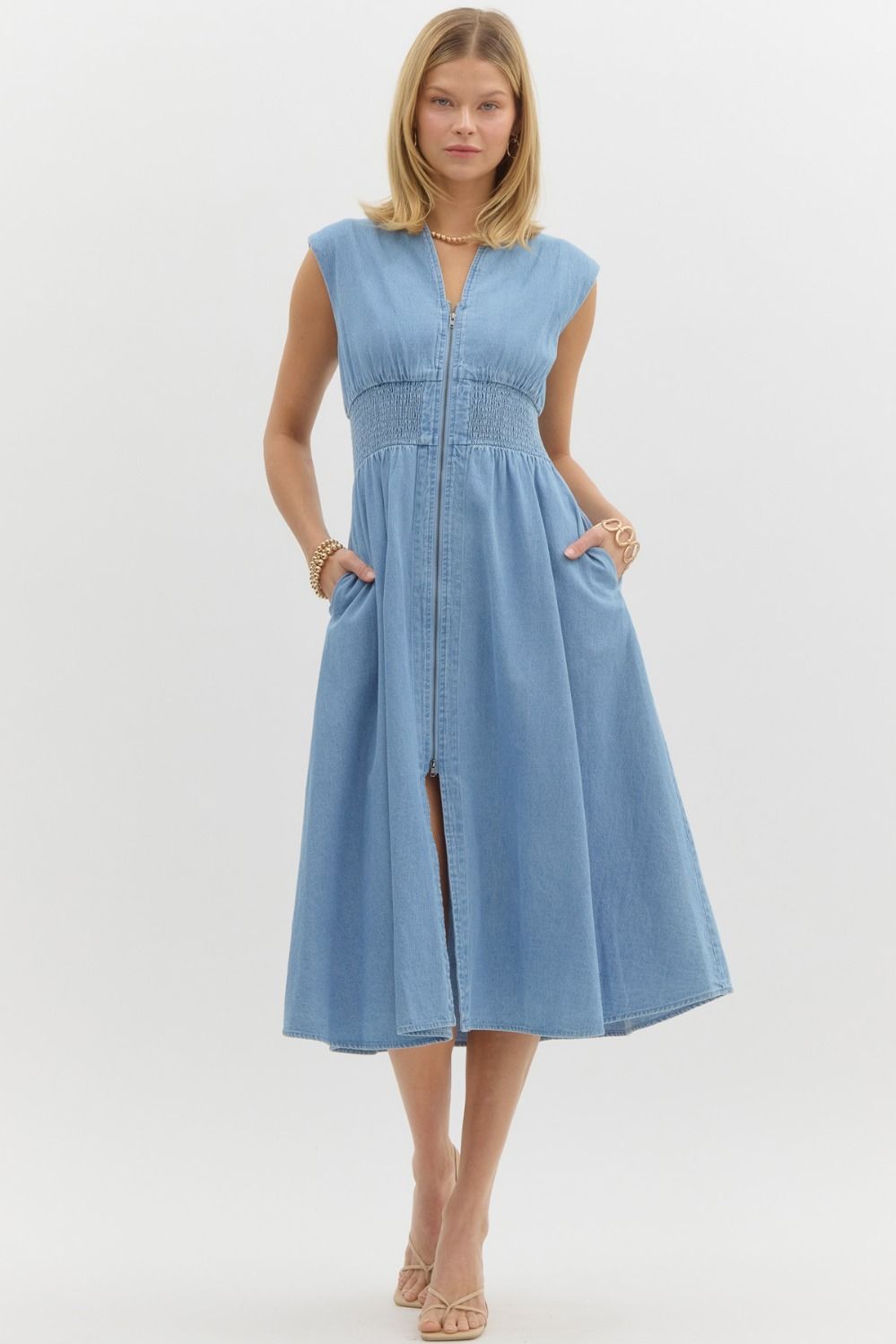 Lena V Neck Sleeveless Zippered Midi Dress - Be You Boutique