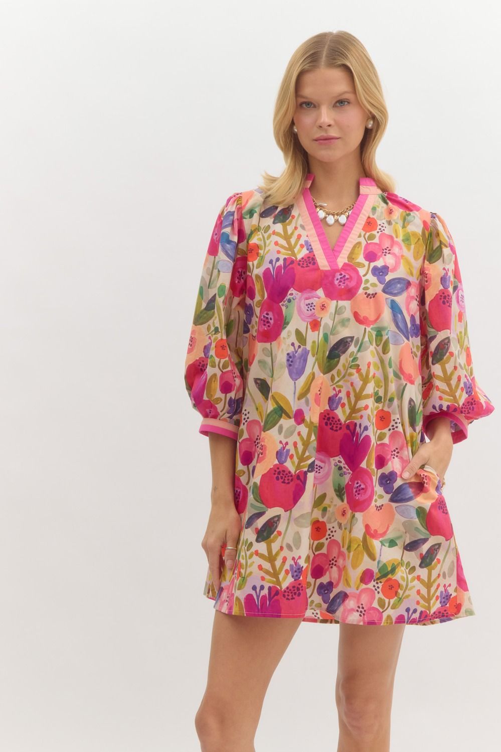 Emily Floral Two Toned Neckline Bubble Sleeve Dress - Be You Boutique