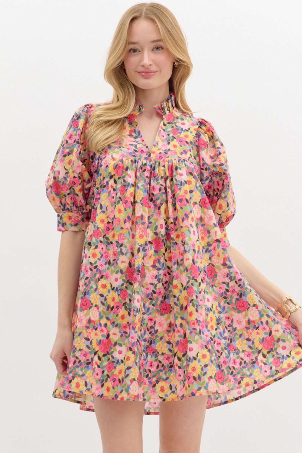 Mia Floral Print Ruffle Neck Dress - Be You Boutique