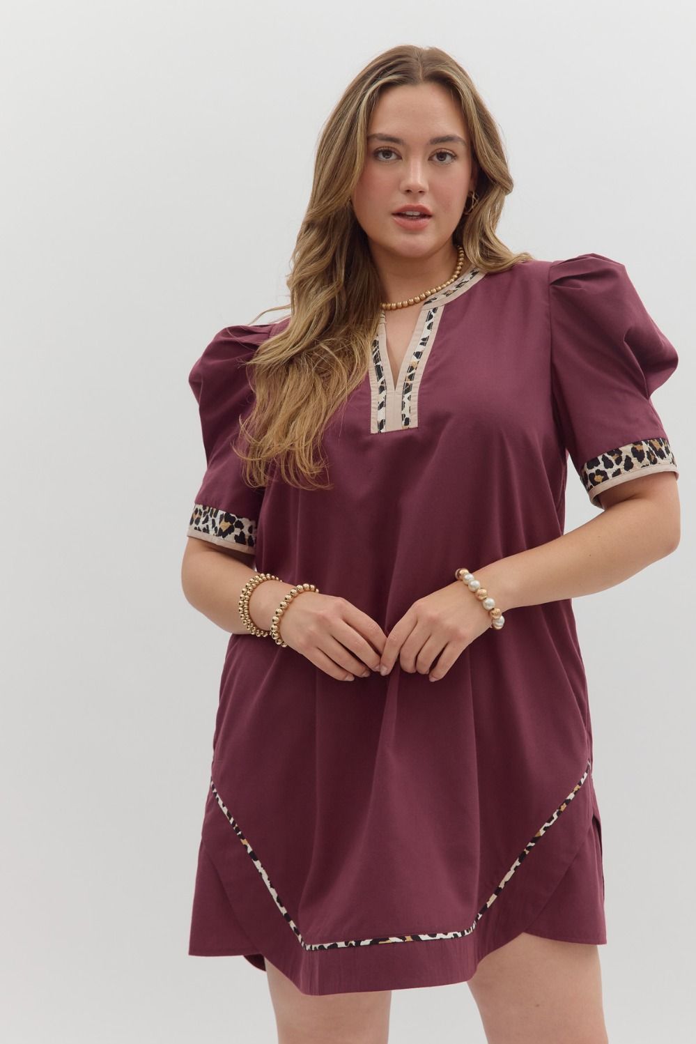 Sarah Leopard Trim Split Neck Dress *waiting on reg* - Be You Boutique