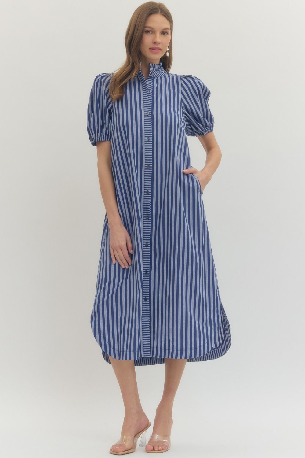 ENTRO Susie striped midi dress displayed on a hanger, featuring a casual, stylish design with bold horizontal stripes.