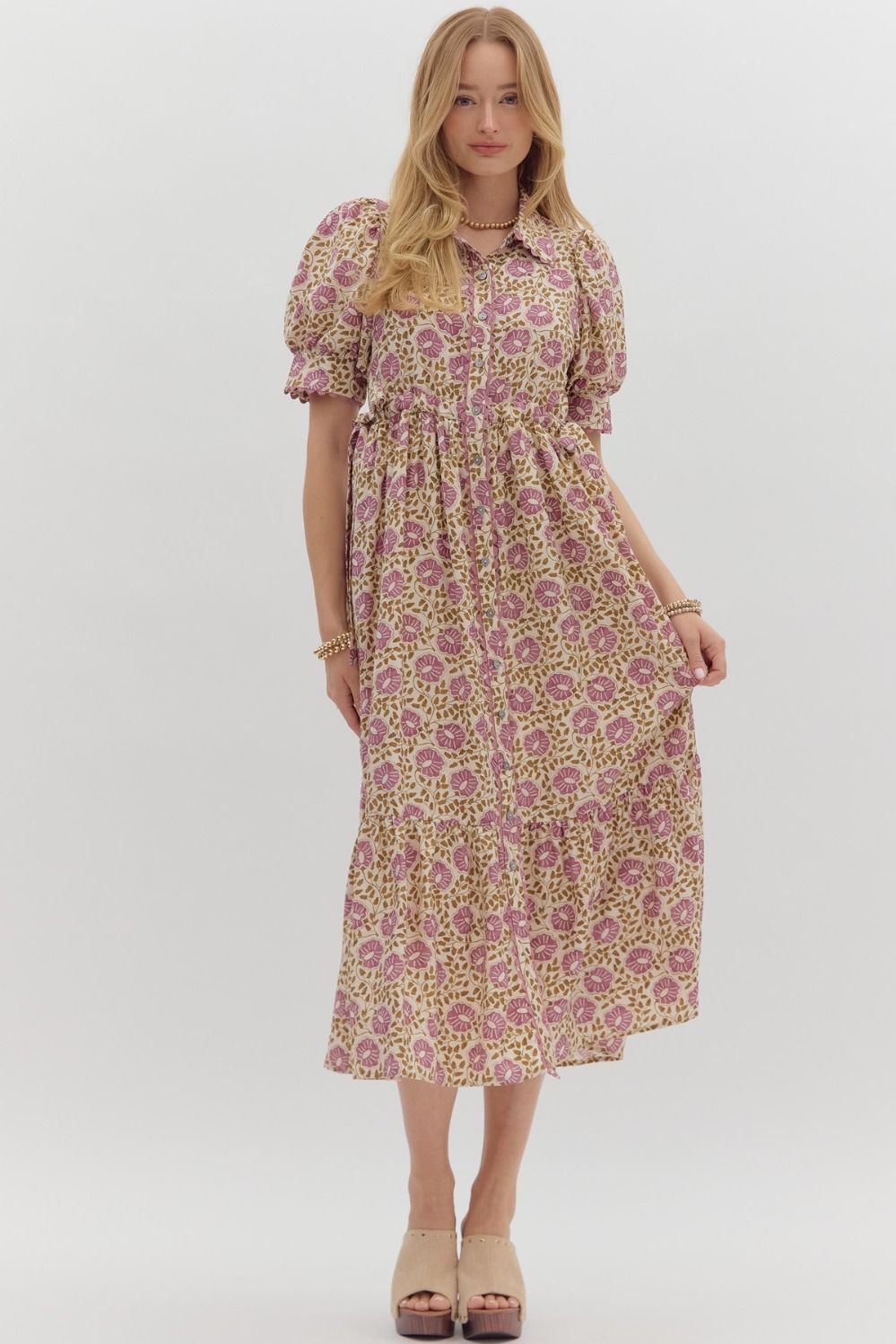 Sylvia Scallop Trim Puff Sleeve Midi Dress - Be You Boutique