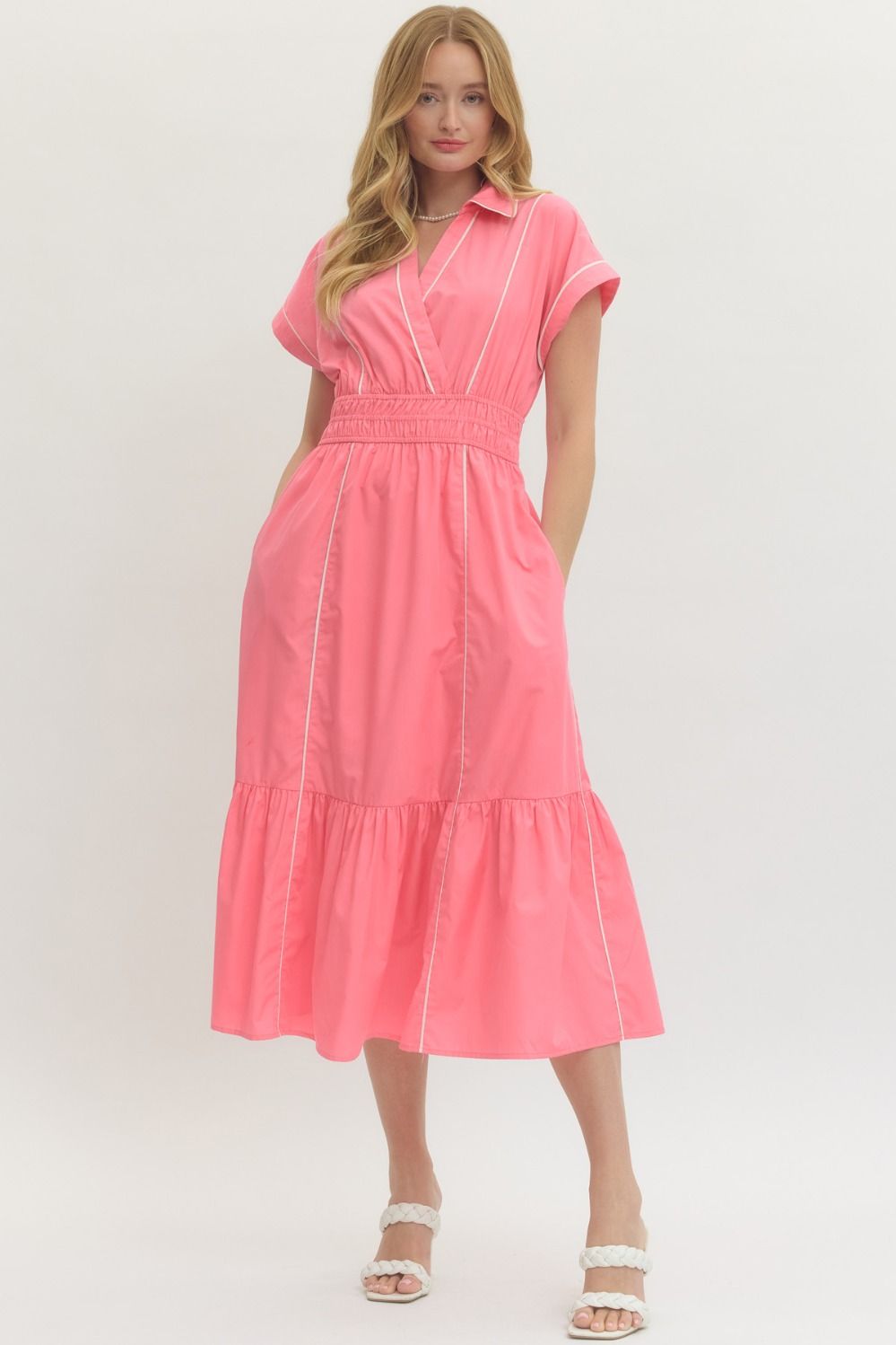 Carson Lt Pink Piping Seam Detailed Midi Dress - Be You Boutique