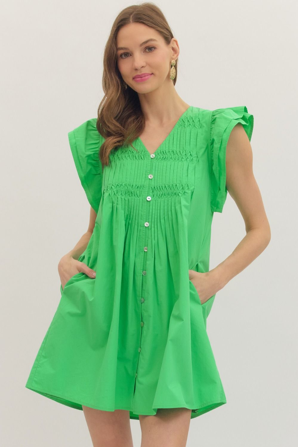 Ollie flutter sleeve pleated dress by ENTRO featuring a flowing design and lightweight fabric, perfect for casual wear.