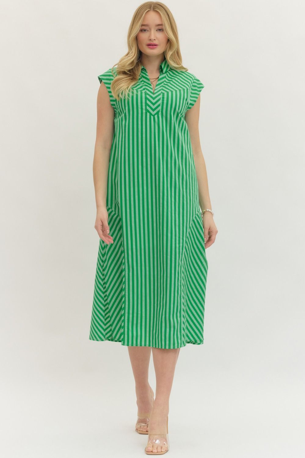 Kendall green striped split neck midi dress by ENTRO, casual style with relaxed fit and elegant design, perfect for daytime wear.