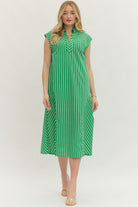 Kendall green striped split neck midi dress by ENTRO, casual style with relaxed fit and elegant design, perfect for daytime wear.