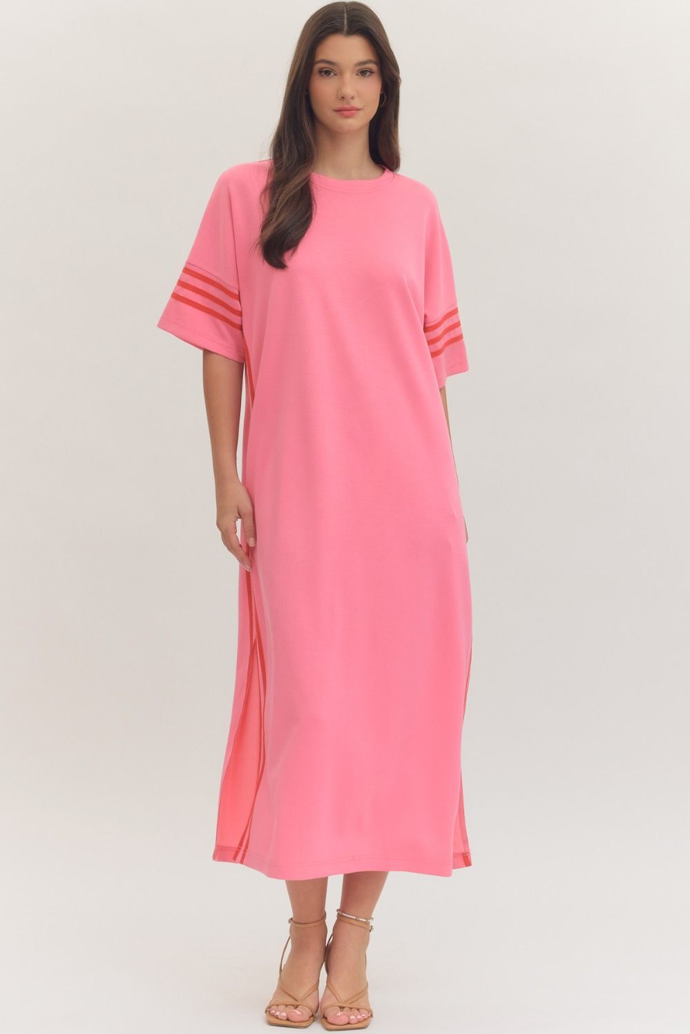 Pink and white striped midi dress from ENTRO with contrasting sleeve details, casual style perfect for everyday wear.