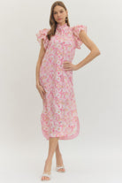 ENTRO Aubrey pink floral flutter sleeve dress with elegant design, perfect for dressy occasions.