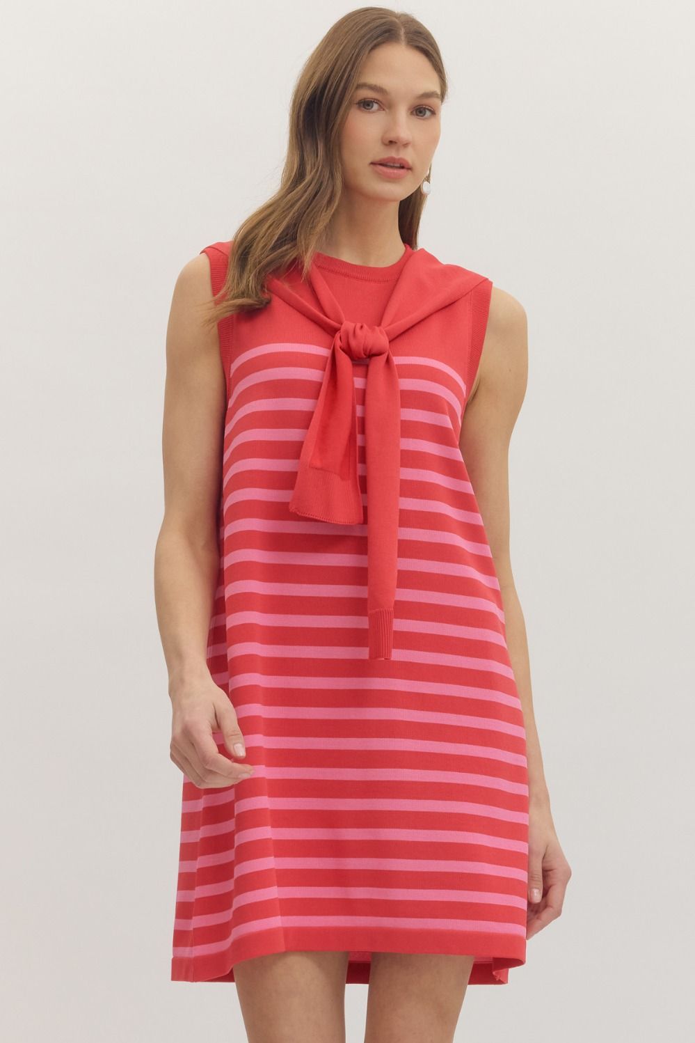 Light blue Misty Overlay Striped Dress by ENTRO, casual dress with layered fabric and striped pattern, displayed on a hanger.