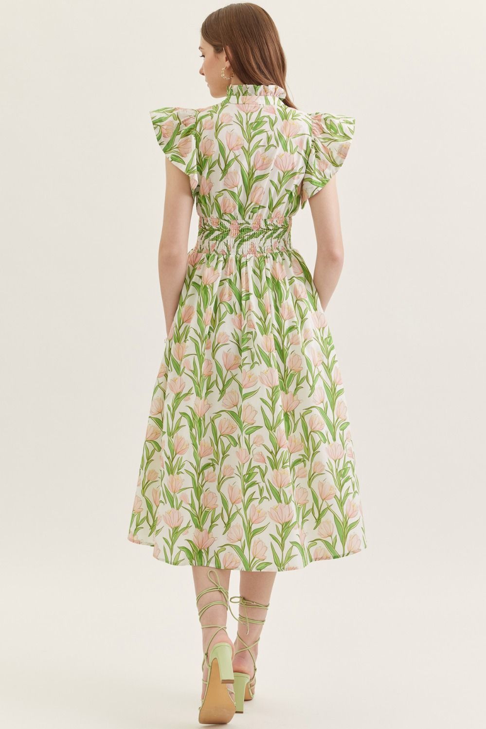 Entro Carson botanical floral printed dress, 125 dressy dress with vibrant floral pattern and elegant fit displayed on a model.