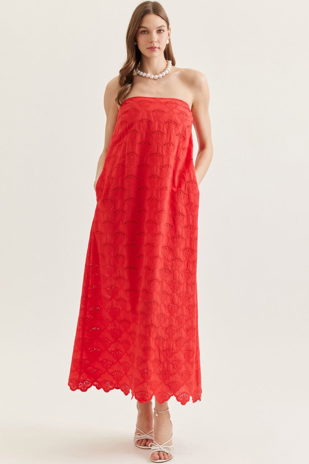 ENTRO Sunday eyelet scallop trim dress featuring a fitted bodice and flowy skirt, perfect for elegant occasions.