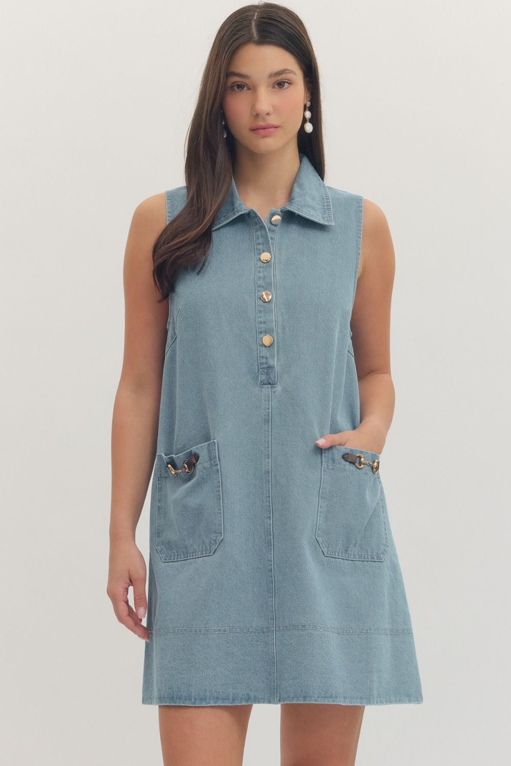 ENTRO Elliott front flap buckle pocket casual dress, stylish 120-length dress with front pocket and flap details, perfect for everyday wear