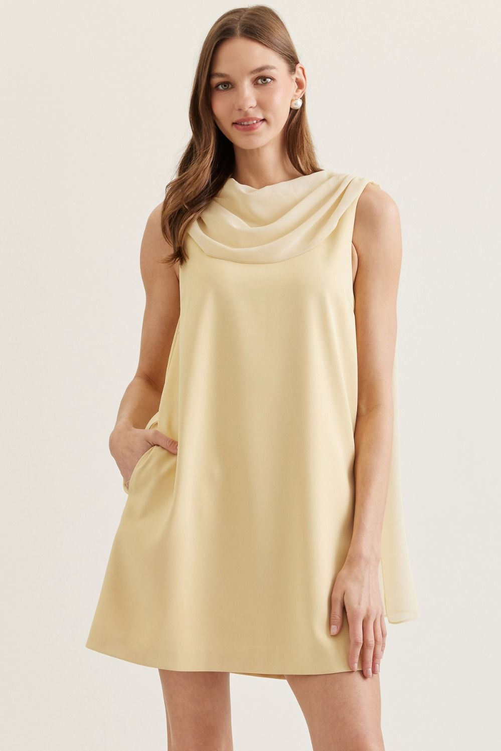 ENTRO Francine Draped Cowl Neck Dress, elegant 125 dressy dress with flowing fabric and cowl neckline, perfect for formal occasions.