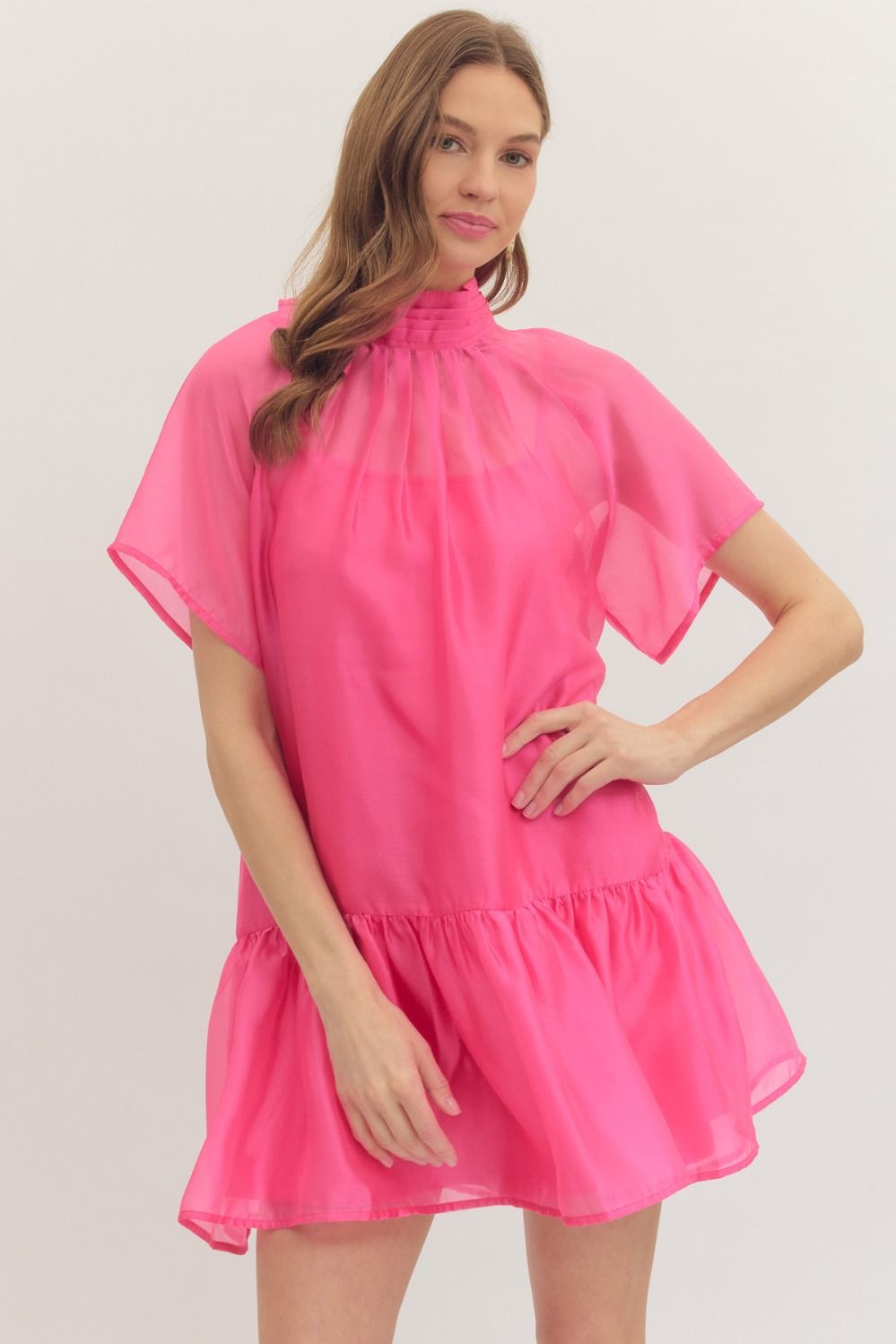 Kim Hot Pink Flutter Sleeve Mock Neck Dress by ENTRO, elegant dress with flutter sleeves and mock neckline for dressy occasions.
