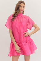 Kim Hot Pink Flutter Sleeve Mock Neck Dress by ENTRO, elegant dress with flutter sleeves and mock neckline for dressy occasions.