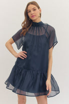Navy flutter sleeve mock neck dress by ENTRO, stylish and elegant 125 dressy dress with a flattering fit for special occasions.