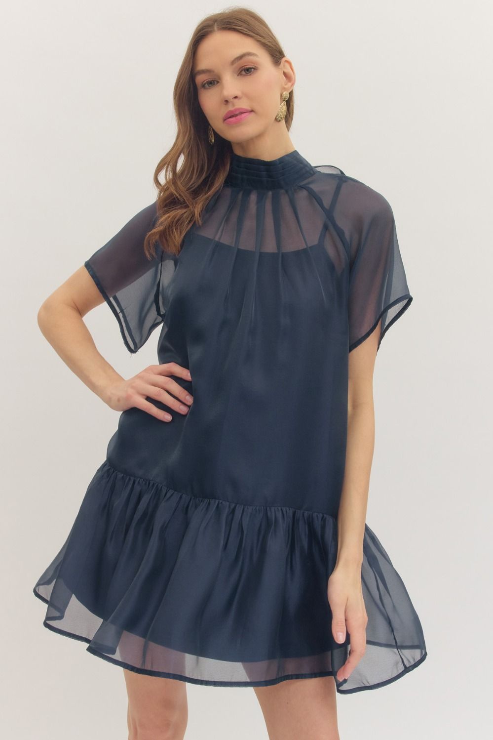 Navy flutter sleeve mock neck dress by ENTRO, stylish and elegant 125 dressy dress with a flattering fit for special occasions.