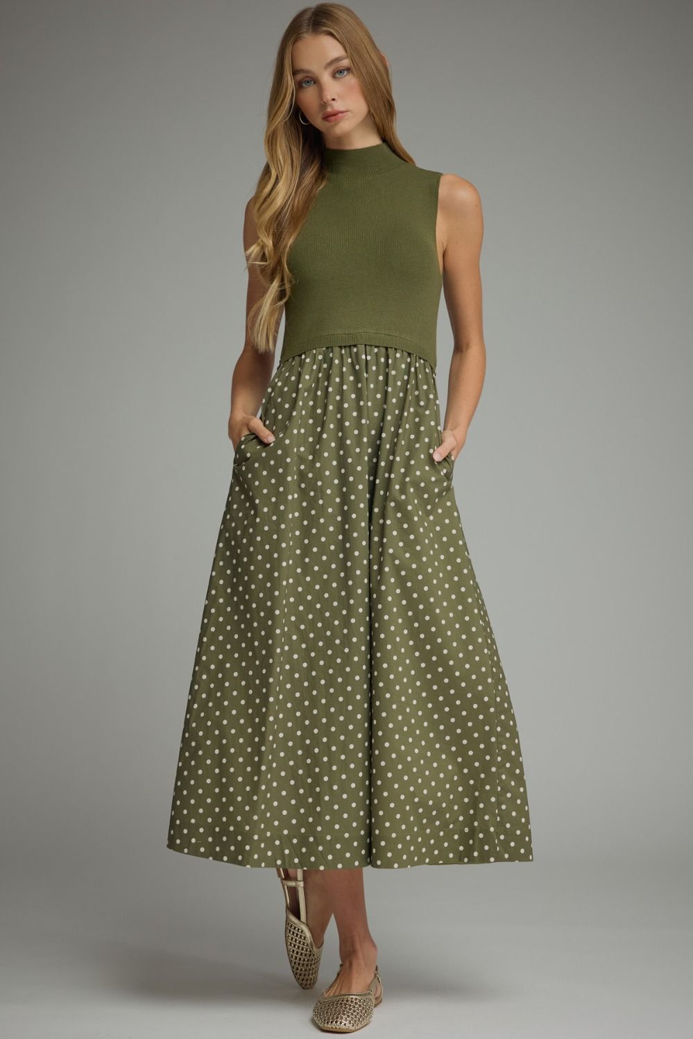 ENTRO Laurel Midi Polka Dot Printed Dress, stylish dressy dress with a flattering fit and classic polka dot pattern, perfect for special occasions.
