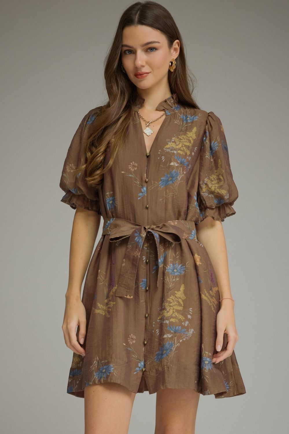 ENTRO Amy floral half sleeve tie waist dress with a fitted bodice and flowy skirt, perfect for dressy occasions.