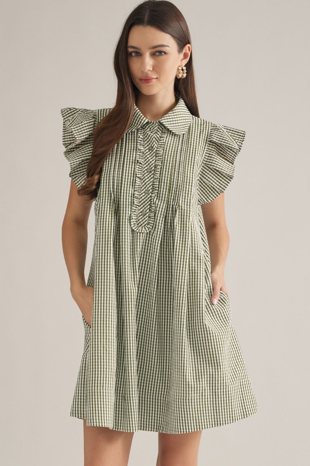 Lexi Gingham Flutter Sleeve Dress by ENTRO, stylish dress with flutter sleeves and gingham pattern, perfect for dressy occasions.