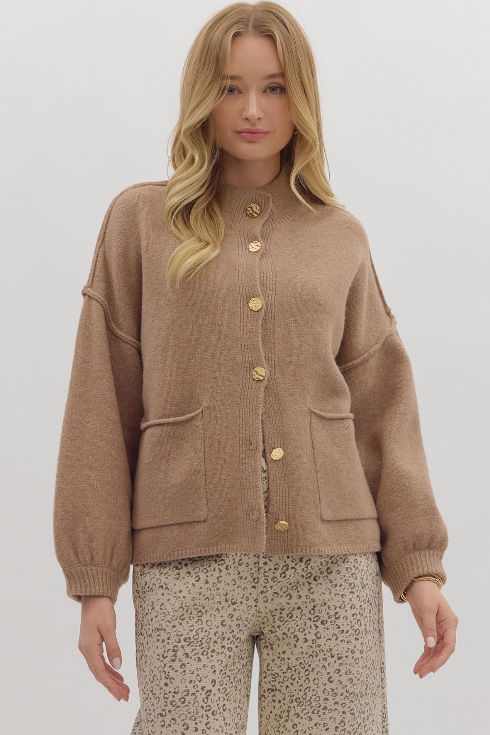 Kris Long Sleeve Gold Hammered Button Cardigan - Be You Boutique