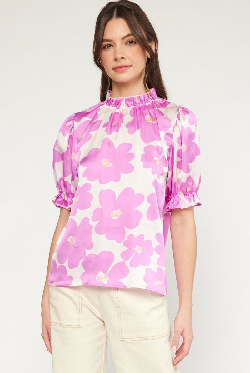 Kristy Floral Print Mock Neck Short Sleeve Top - Be You Boutique