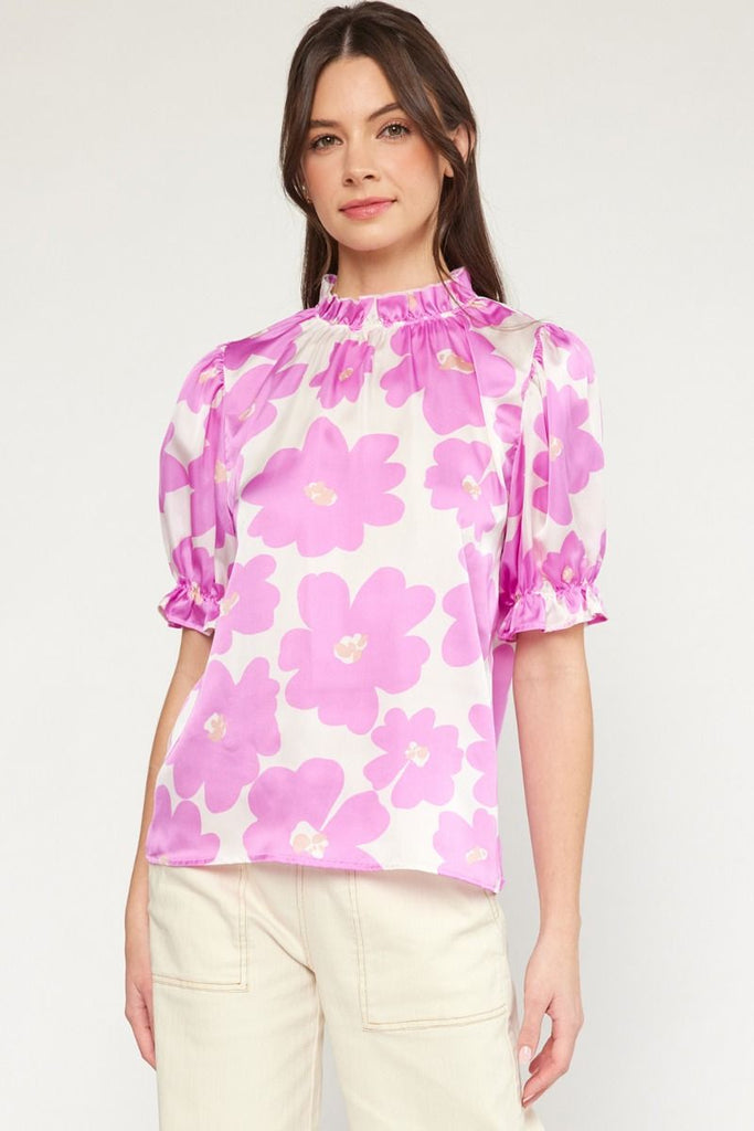 Kristy Floral Print Mock Neck Short Sleeve Top - Be You Boutique