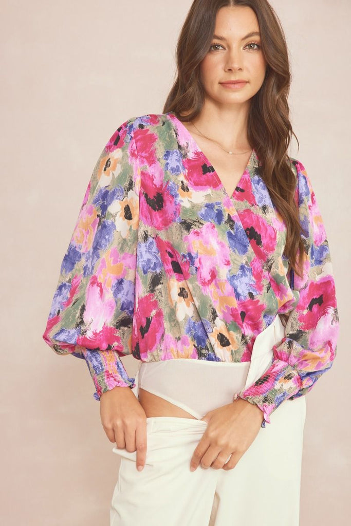 Orchid Floral Print Long Sleeve Bodysuit - Be You Boutique
