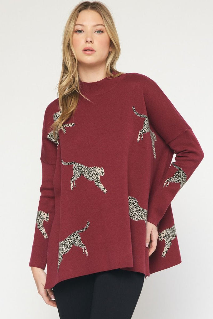 Lola Mock Neck Long Sleeve Animal Print Sweater - Be You Boutique