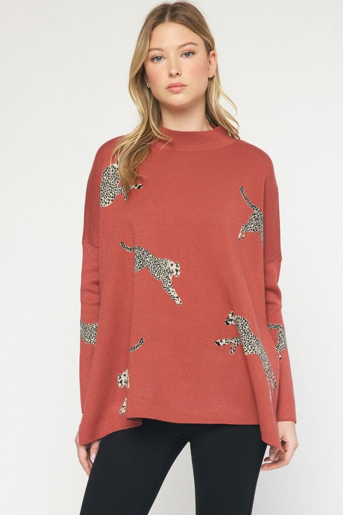 Lola Mock Neck Long Sleeve Animal Print Sweater - Be You Boutique