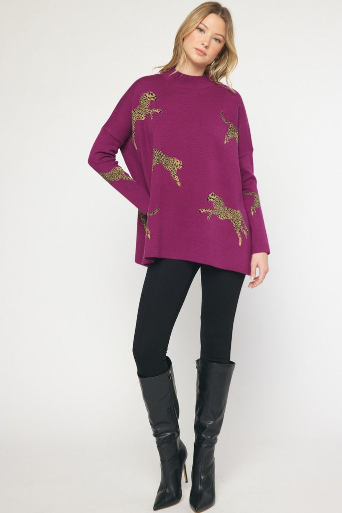 Lola Mock Neck Long Sleeve Animal Print Sweater - Be You Boutique