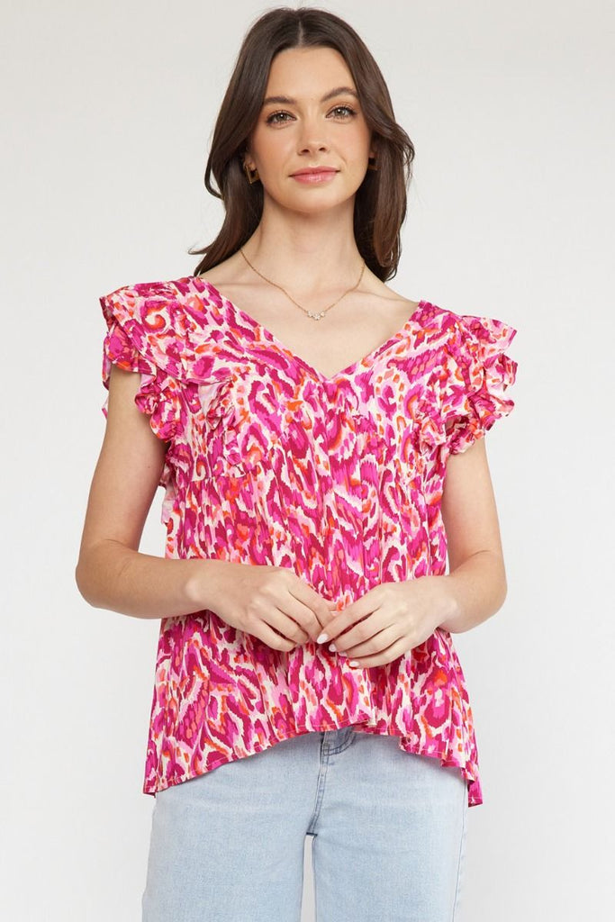 Kasper Printed V Neck Flutter Sleeve Top - Be You Boutique