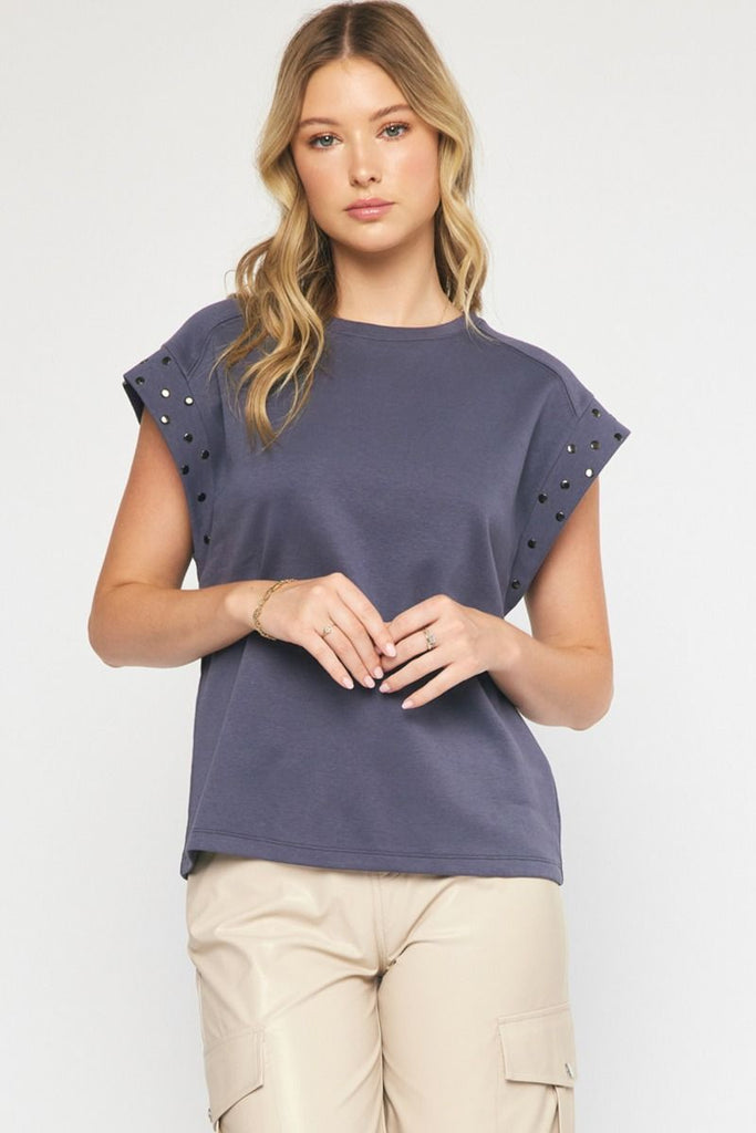 Elijah Short Sleeve Round Stud Detail Neck Top - Be You Boutique