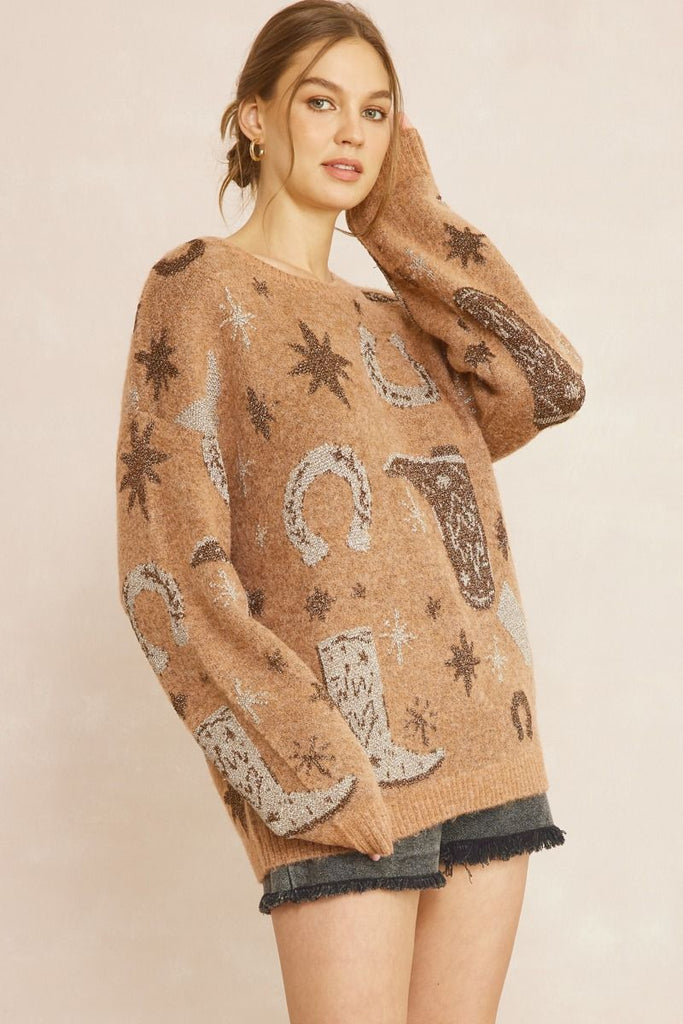 Marydale Western Fuzzy Printed Long Sleeve Sweater - Be You Boutique
