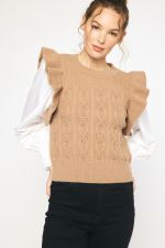 Zion Round Neck Ruffle Detail Sweater With White Contrasting Sleeves - Be You Boutique