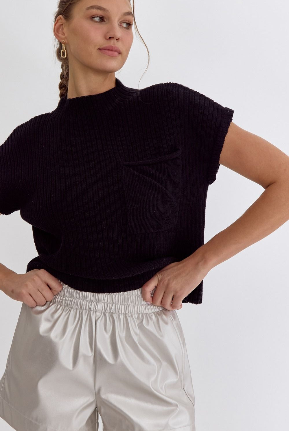 Abigail Knit Mock Neck Crop Top with Pocket - Be You Boutique