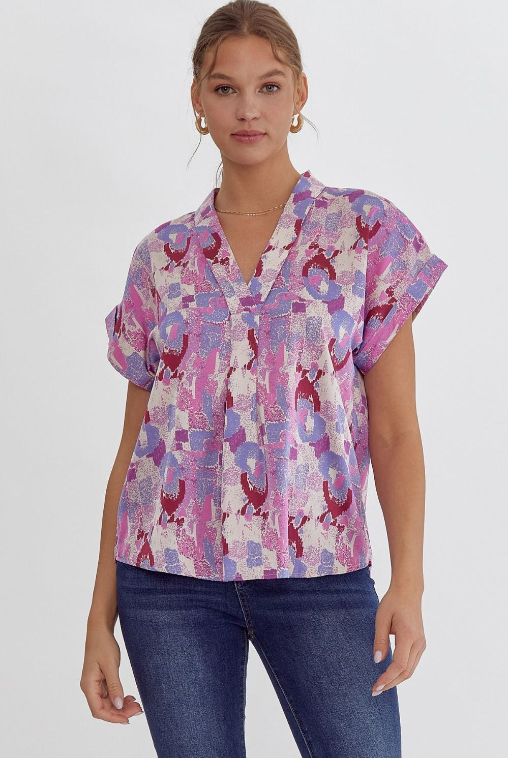 Abra Printed V Neck Short Sleeve Top - Be You Boutique