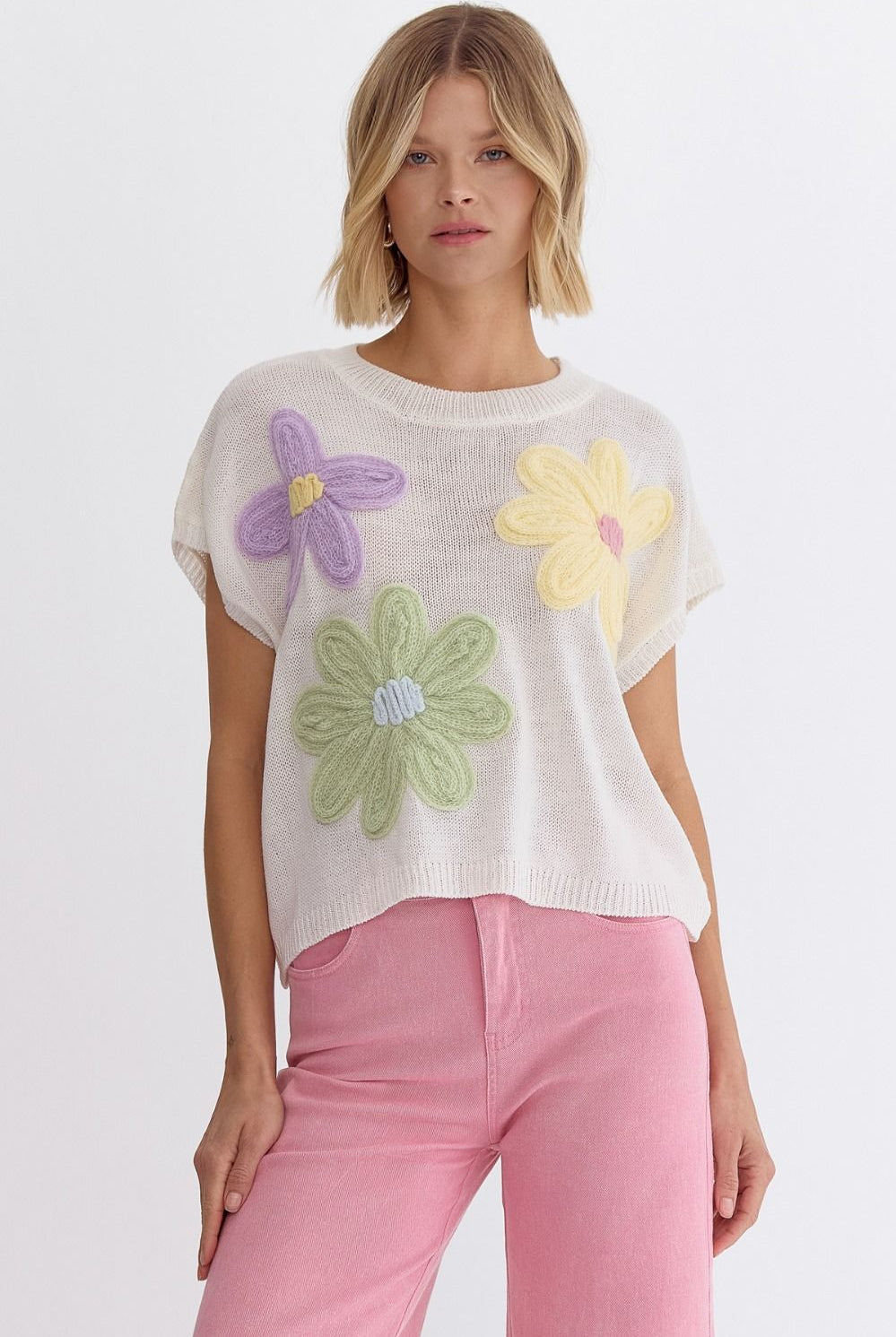 Sunny Flower Detail Round Neck Rib Detail Top - Be You Boutique