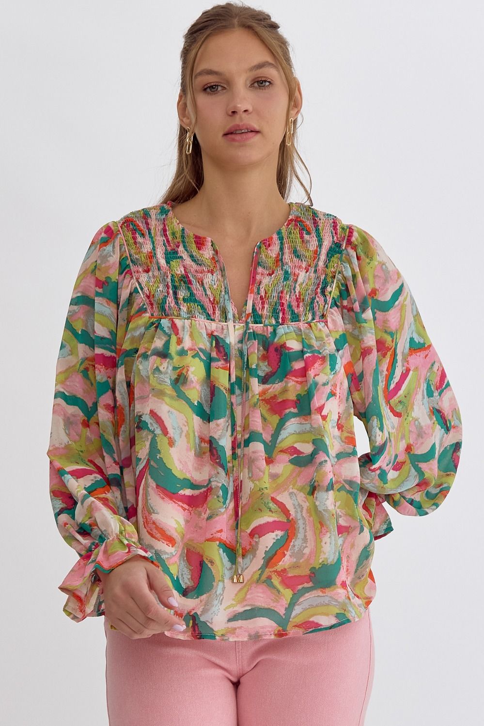 Delia Printed V Neck Long Sleeve Blouse Top - Be You Boutique