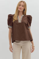 Lori Leopard Trim Puff Sleeve Top - Be You Boutique