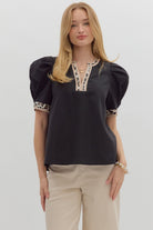 Lori Animal Print Trim Puff Sleeve Top - Be You Boutique