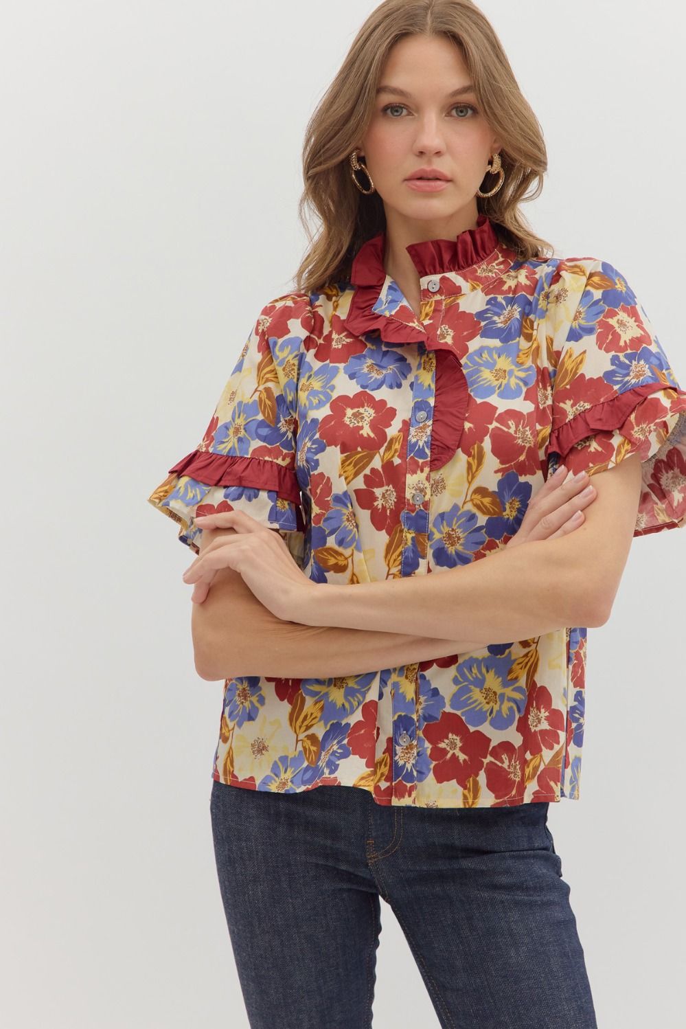 Kennedy Floral Print Ruffle Trim Top *waiting on plus - Be You Boutique