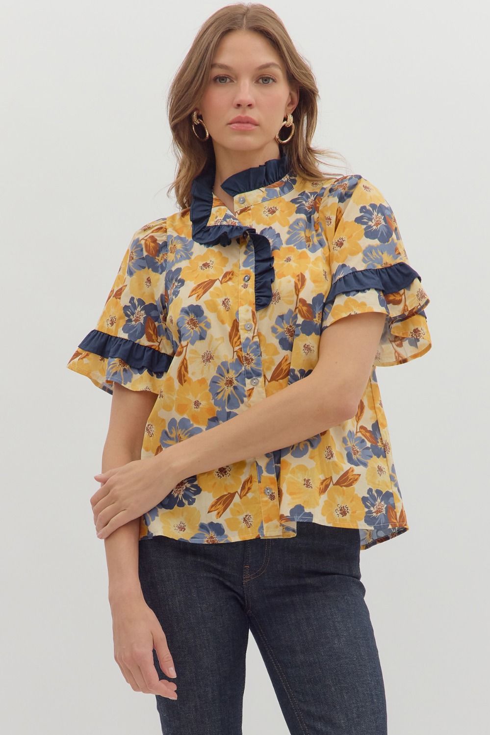 Kennedy Floral Print Ruffle Trim Top - Be You Boutique