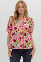 Kenzie Floral Print Split Neck Top - Be You Boutique