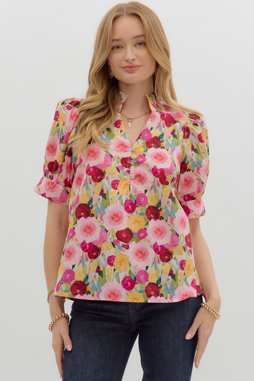 Kenzie Floral Print Split Neck Top - Be You Boutique