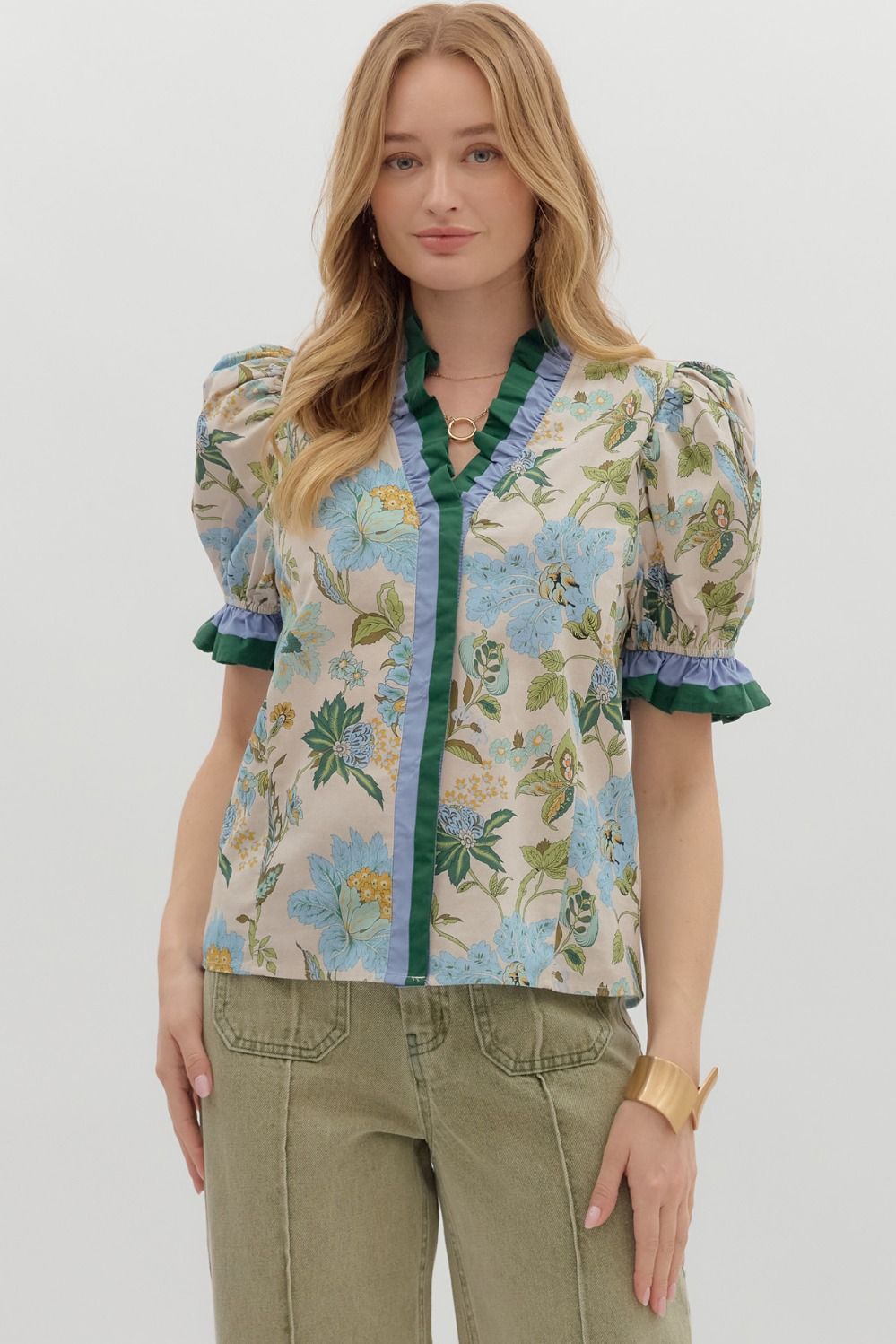 Gwen Multi Floral Ruffle Trim Top **waiting on regular - Be You Boutique