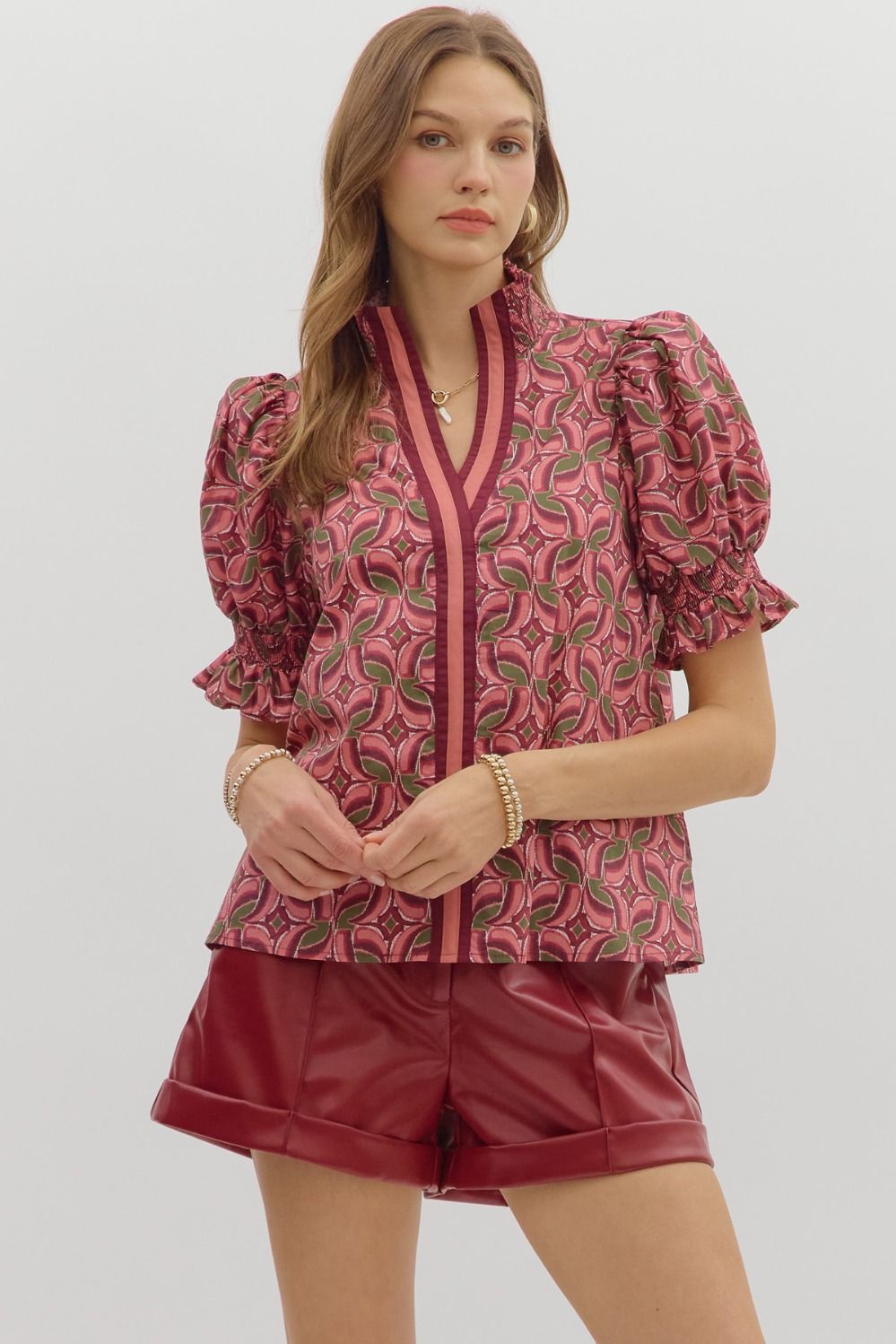 Laura Abstract Pattern Smocked Cuff Top - Be You Boutique
