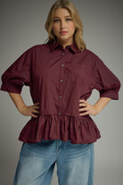 ENTRO Carrie Merlot button-down ruffle hem top, stylish dressy blouse with elegant details, perfect for sophisticated occasions.